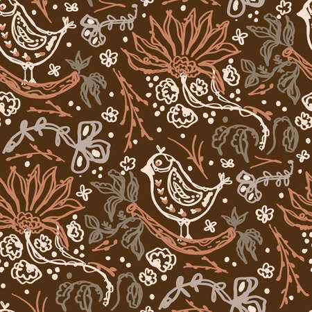 Seamless minimalist doodle floral pattern background. Calm boho earthy tone color wallpaper. Simple modern scandi unisex flower design. Organic childish gender neutral baby all over print. Hand drawn.のイラスト素材