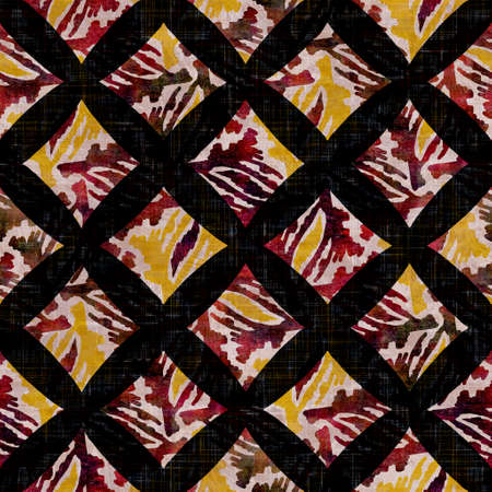 Seamless dark check mosaic block print background. Boho ethnic soft furnishing fabric style. Tie dye decorative grid motif pattern textile. Grunge winter blur raster jpg swatch all over print.の写真素材