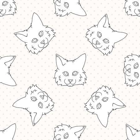 Cute cartoon monochrome lineart Ragdoll pet cat face seamless vector pattern. Pedigree kitty breed domestic kitten background.のイラスト素材