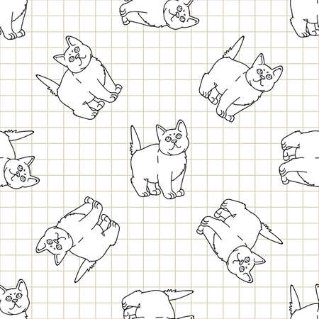 Cute cartoon monochrome British shorthair kitten seamless vector pattern. Pedigree lineart kitty breed domestic kitty background.のイラスト素材