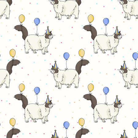 Cute cartoon Ragdoll cat face with party hat seamless vector pattern. Pedigree kitty breed domestic kitten background. Cat lover celebration all over print.のイラスト素材
