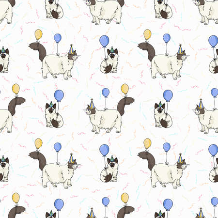 Cute cartoon Ragdoll cat and kitten with party hat seamless vector pattern. Pedigree kitty breed domestic background. Cat lover celebration all over print.のイラスト素材