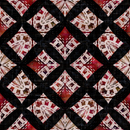 Seamless dark check mosaic block print background. Boho ethnic soft furnishing fabric style. Tie dye...