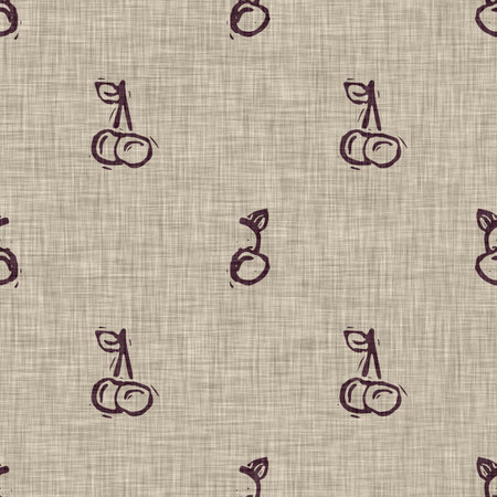 Handmade carved linen block print cherry seamless pattern. Rustic babies silhouette illustration background. Modern beige style scandi. Soft cloth textile fashion all over design.の写真素材