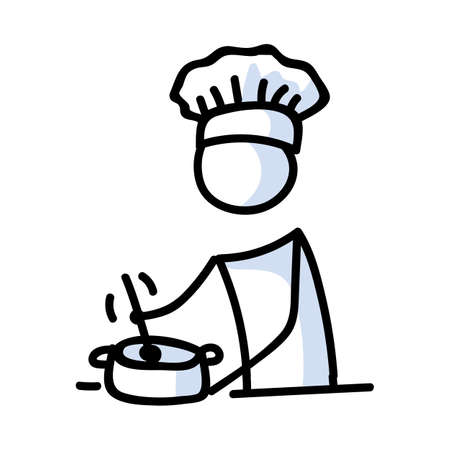 Cute stick figure chef cooking and stirring pot lineart icon. Dinner preparation pictogram. Communication of restaurant meal illustration. Kitchen with spoon and lunch vector graphic.のイラスト素材