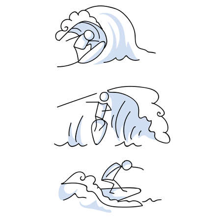 Cute stick figure surfing set on ocean wave vector clipart. Hawaiian outdoor sports. Hand drawn simple surfer illustration. Tropical summer holiday.のイラスト素材
