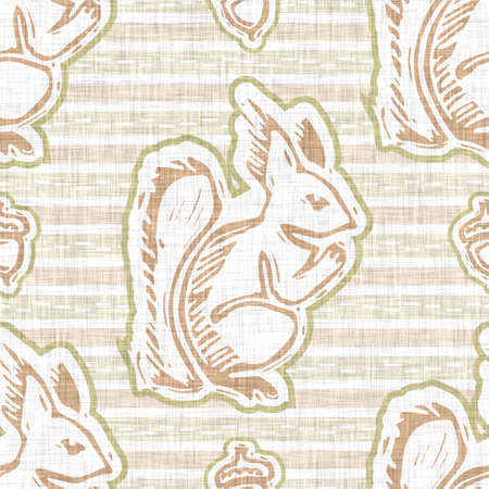 Seamless linen squirrel blockprint pattern background. Calm pale tonal pastel color wallpaper. Simple modern scandi unisex kid design. Organic light gender neutral baby newborn nursery print.の写真素材