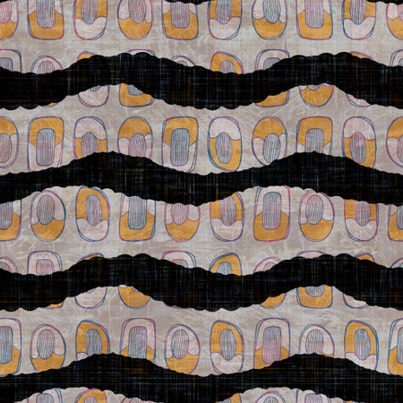 Seamless dark block print stripe background. Boho ethnic soft furnishing fabric style. Tie dye...