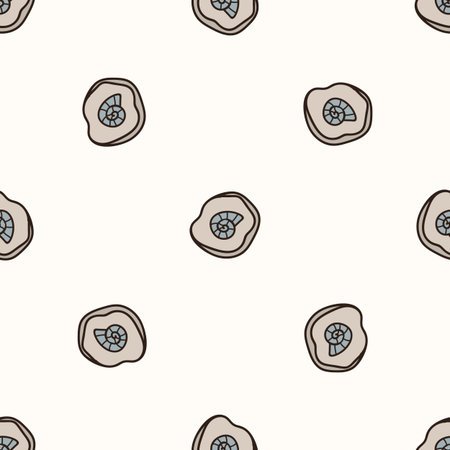 Seamless background ammonite fossil gender neutral baby pattern. Simple whimsical minimal earthy 2 tone color. Kids nursery wallpaper or boho cartoon animal fashion all over print.のイラスト素材