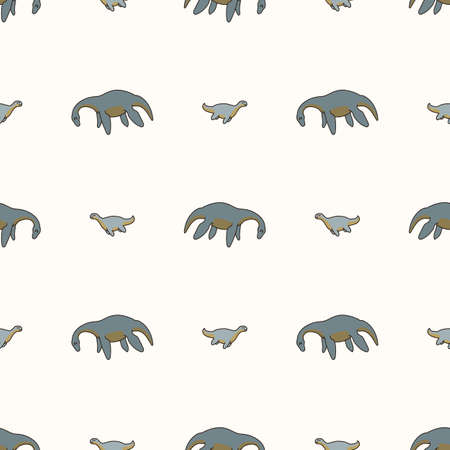 Seamless background two Plesiosaurus dinosaur gender neutral baby pattern. Simple whimsical minimal earthy 2 tone color. Kids nursery wallpaper or boho cartoon animal fashion all over print.のイラスト素材