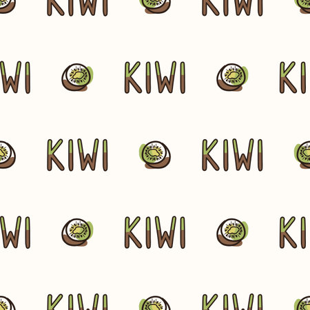 Seamless background kiwi text. Gender neutral kid food pattern. Simple whimsical minimal earthy 2 tone color. Baby nursery wallpaper or boho decorative gardening decor all over print.のイラスト素材