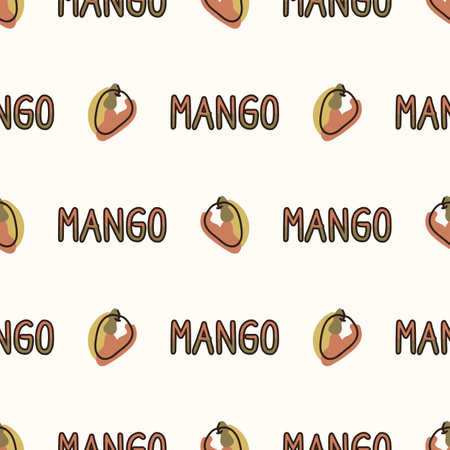 Seamless background mango text. Gender neutral kid food pattern. Simple whimsical minimal earthy 2 tone color. Baby nursery wallpaper or boho decorative gardening decor all over print.のイラスト素材