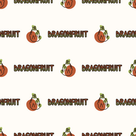 Seamless background dragon fruit text. Gender neutral kid food pattern. Simple whimsical minimal...
