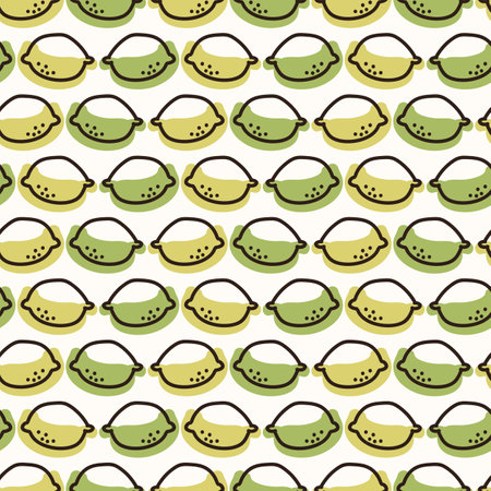 Seamless background cute lemon. Gender neutral kid food pattern. Simple whimsical minimal earthy 2 tone color. Baby nursery wallpaper or boho decorative gardening decor all over print.のイラスト素材