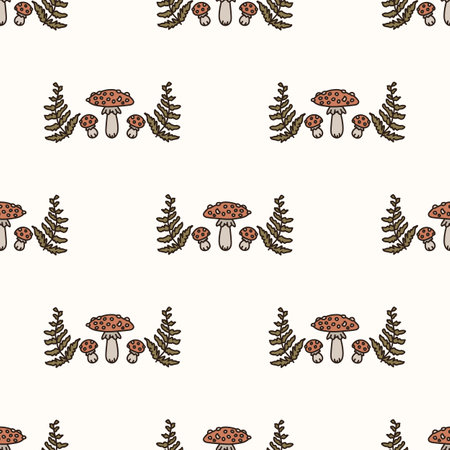 Seamless background toadstool and fern gender neutral baby pattern. Simple whimsical minimal earthy 2 tone color. Kids nursery wallpaper or boho cartoon animal fashion all over print.のイラスト素材