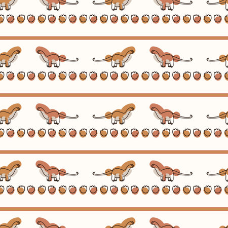 Seamless background Apatosaurus dinosaur stripe gender neutral pattern. Whimsical minimal earthy 2 tone color. Kids nursery wallpaper or boho cartoon animal fashion all over print.のイラスト素材