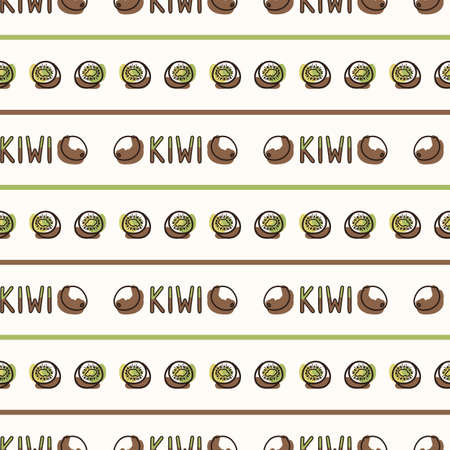 Seamless background kiwi text stripe. Gender neutral kid food pattern. Simple whimsical minimal earthy 2 tone color. Baby nursery wallpaper or boho decorative gardening decor all over print.のイラスト素材
