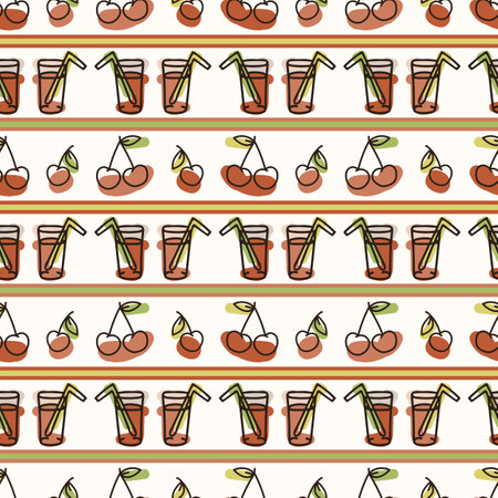Seamless background cherry fruit juice. Gender neutral kid food pattern. Simple whimsical minimal earthy 2 tone color. Baby nursery wallpaper or boho decorative gardening decor all over print.のイラスト素材