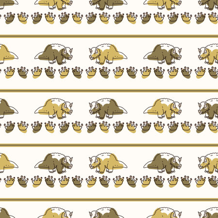 Seamless background Triceratops with footprint dinosaur gender neutral baby pattern. Simple whimsical minimal earthy 2 tone color. Kids nursery wallpaper or boho cartoon animal fashion all over print.のイラスト素材