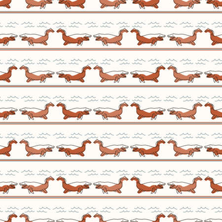 Seamless background Mosasaurus dinosaur stripe gender neutral baby pattern. Simple whimsical minimal earthy 2 tone color. Kids nursery wallpaper or boho cartoon animal fashion all over print.のイラスト素材