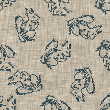 Handmade carved linen block print squirrel seamless pattern. Rustic babies silhouette illustration background. Modern beige style scandi. Soft cloth textile fashion all over design.の写真素材