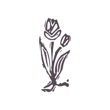 Hand carved bold block print flower icon clip art. Folk illustration design element. Modern boho decorative linocut. Ethnic muted natural tones. Isolated rustic vector motif.のイラスト素材