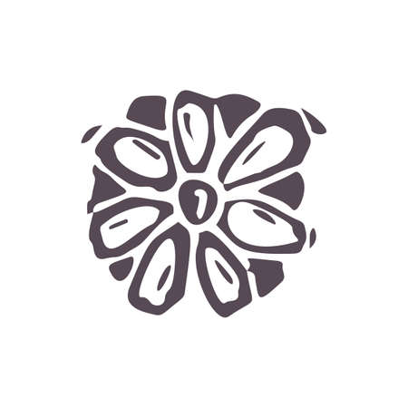 Hand carved bold block print flower icon clip art. Folk illustration design element. Modern boho decorative linocut. Ethnic muted natural tones. Isolated rustic vector motif.のイラスト素材