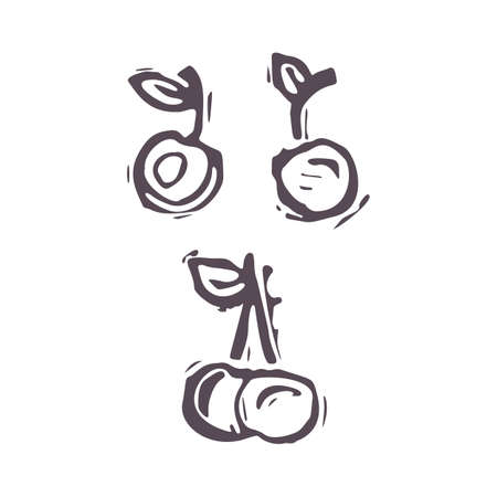 Hand carved bold block print squirrel cherry fruit icon clip art. Folk illustration design element. Modern boho decorative linocut. Ethnic muted natural tones. Isolated rustic vector motif.のイラスト素材