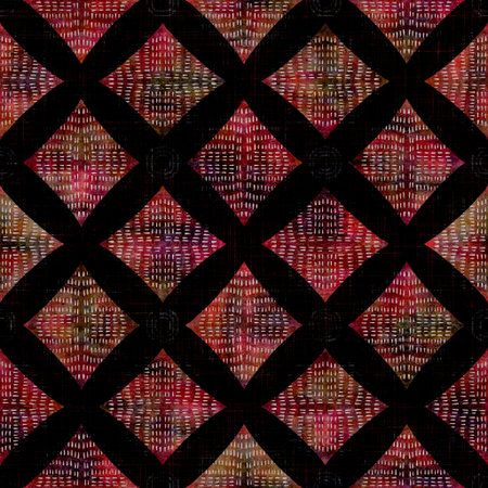 Seamless dark check mosaic block print background. Boho ethnic soft furnishing fabric style. Tie dye...