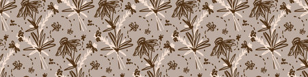 Seamless minimalist doodle flower border pattern. Calm earthy color edge banner. Simple modern...