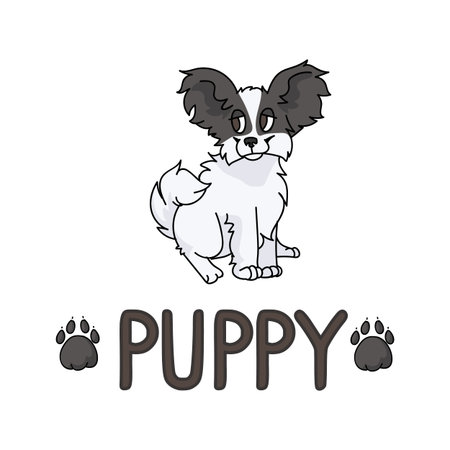 Cute cartoon papillon puppy with text word and paw print vector clipart. Pedigree kennel doggie breed for dog lovers. Purebred dog for pet partlor illustration. Isolated fluffy hound.のイラスト素材