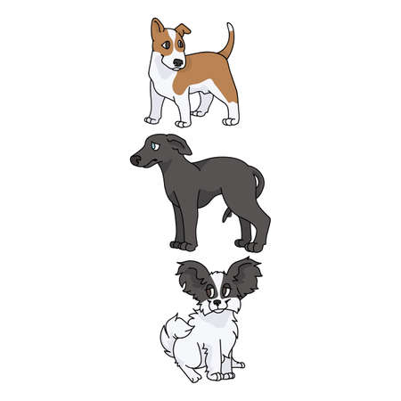 Cute cartoon puppy breed set vector clipart. Pedigree kennel doggie breed for dog lovers. Purebred show dog Papillon, greyhound and bull terrier illustration. Isolated terrier hound.のイラスト素材