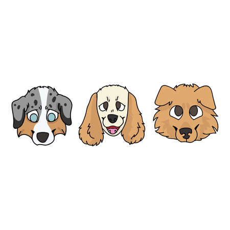 Cute cartoon puppy faces breed set vector clipart. Pedigree kennel doggie breed for dog lovers. Purebred hunting dog Australian Shepherd, cocker spaniel and rough collie illustration. Isolated hound.のイラスト素材