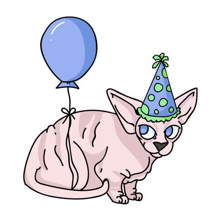 Cute cartoon sphynx kitten with party hat vector clipart. Pedigree exotic breed for cat lovers. Purebred celebration cat for pet parlor illustration mascot. Isolated hairless feline housecat.のイラスト素材