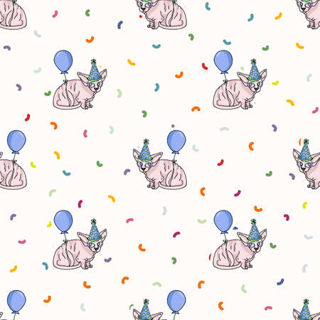 Cute cartoon sphynx kitten with party hat seamless vector pattern. Pedigree exotic kitty breed domestic kitten background. Cat lover celebration all over print.のイラスト素材