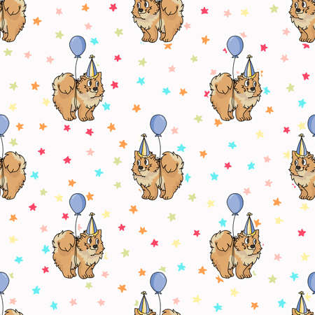 Hand drawn cute pomeranian puppy with party hat seamless vector pattern. Purebred pedigree domestic dog celebration background. Dog lover spitz pet all over print. Kennel pooch.のイラスト素材