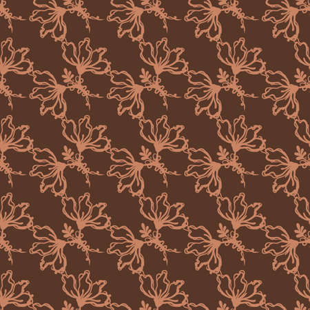 Seamless minimalist doodle leaf pattern background. Calm boho earthy tone color wallpaper. Simple modern scandi unisex flower design. Organic childish gender neutral baby all over print. Hand drawn.のイラスト素材