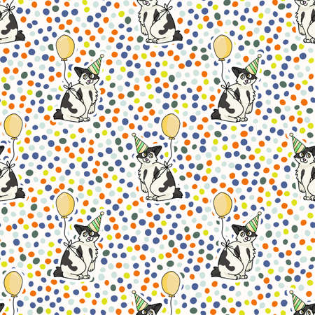 Cute cartoon Japanese bobtail kitten with party hat seamless vector pattern. Pedigree kitty breed domestic celebration background. Cat lover Asian purebred all over print.のイラスト素材