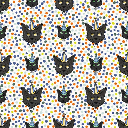 Cute cartoon Bombay cat and kitten face with party hat seamless vector pattern. Pedigree kitty breed domestic cat background. Cat lover celebration all over print.のイラスト素材