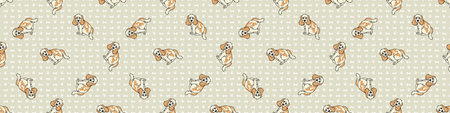 Hand drawn cute cocker spaniel puppy breed seamless border pattern. Purebred pedigree domestic dog...