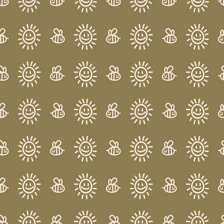 Seamless background bee gender neutral pattern. Whimsical minimal earthy 2 tone color. kids nursery wallpaper or boho cartoon pet fashion all over print.のイラスト素材