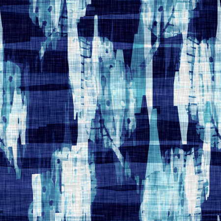 Mottled cyanotype blue white linen texture. Faux photographic tie dye sun print effect for trendy out of focus fashion swatch. Distorted mono print in 2 tone color. High resolution repeat tile.の写真素材