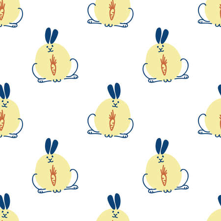 Seamless cute cartoon pet rabbit doodle pattern. Whimsical minimal 2 tone gender neutral color. Kids nursery wallpaper or whimsical character fashion all over print.のイラスト素材