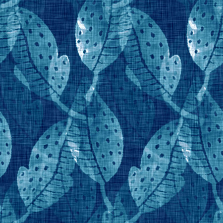 Cyanotypes blue white botanical linen texture. Faux photographic leaf sun print effect for trendy...