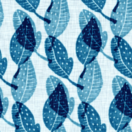 Cyanotypes blue white botanical linen texture. Faux photographic leaf sun print effect for trendy...