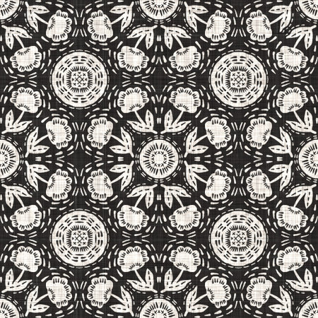 Seamless black white woven cloth floral linen texture. Two tone monochrome pattern background....