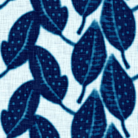 Cyanotypes blue white botanical linen texture. Faux photographic leaf sun print effect for trendy out of focus fashion swatch. Mono print foliage in 2 tone color. High resolution repeat tile.の写真素材