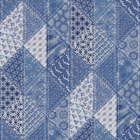 Denim western blue patchwork triangle woven texture. Indigo vintage wash printed cotton textile effect. Patched jean home decor background. Boho bandana quilt stitch allover fabric print material.の写真素材
