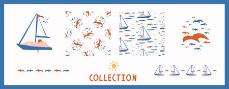 Whimsical henri matisse style cut out shape boat pattern set. Seamless collage retro allover print collection. Trendy playfull baby nursery decor, scandi, decorative child prints. Vector swatchesのイラスト素材