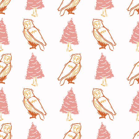 Abstract playful color style cut out owl shape pattern. Seamless modern simple lino cut style design for retro kids all over print. Trendy home decor, kid fashion, wallpaper in vector repeat.のイラスト素材